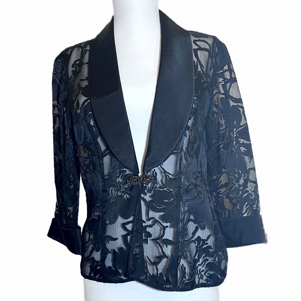 ALEX EVENINGS Black Organza Jacket Satin Lapel 3/4 Sleeve Rhinestone Clasp PM